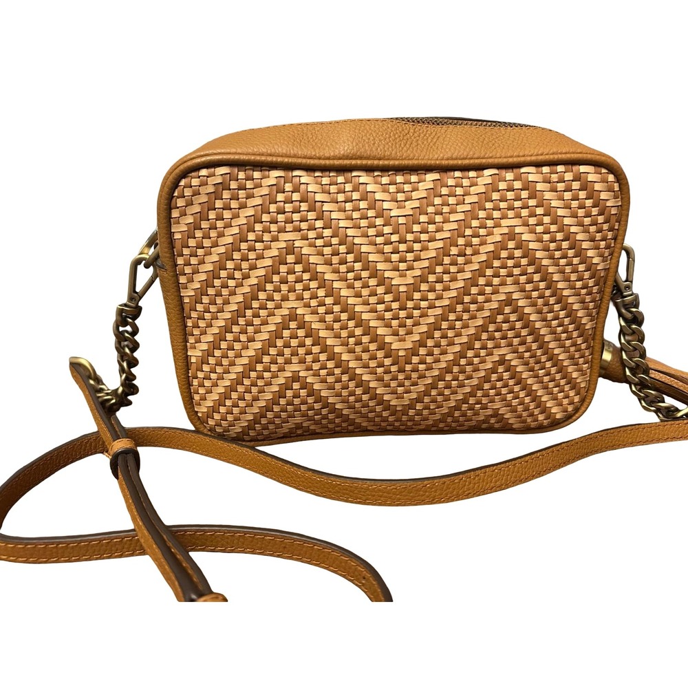 Michael Kors Ginny Woven Leather Chevron Crossbody Bag Tan Gold Hardware